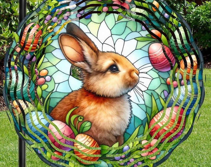 Featured listing image: Spring Bunny Easter Egg Wreath Wind Spinner w Crystal Prism, Rabbit Double Sided Outdoor Decor, Patio Hanging Yard Art, Garden Porch Gift