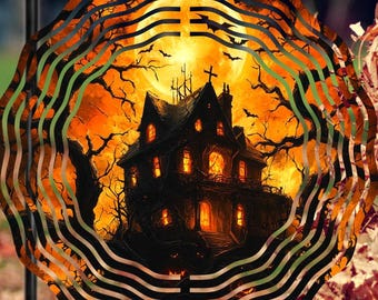 Halloween Wind Spinner w Crystal Icicle Prism, Two Sided Outdoor Spooky Haunted House, Patio Hanging Yard Art,  Garden Porch Gift Her Him