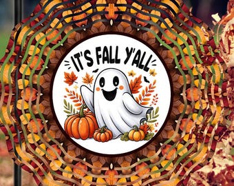 Halloween Wind Spinner w Crystal Icicle Prism, Two Sided Outdoor It's Fall Y'all Ghost, Patio Hanging Yard Art,  Garden Porch Gift Her Him