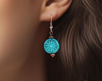 Copper and Turquoise Drop with Etched Daisy Design, Everyday Blue Boho Style Flower Dangle Accessory Natural Jewelry,  Gift for Her