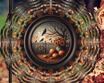 Halloween Wind Spinner w Crystal Icicle Prism, Two Sided Outdoor Ravens and Pumpkins, Patio Hanging Yard Art,  Garden Porch Gift Her Him
