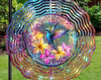 Bright Humingbird Metal Windspinner w Crystal Icicle Prism, Patio Porch Gazebo Decor, Patio Hanging Yard Art,  Garden Porch Gift Her or Him