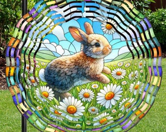 Spring Bunny in Daisies Wind Spinner w Crystal Prism, Rabbit and Daisy Double Sided Outdoor Decor, Patio Hanging Yard Art, Garden Porch Gift