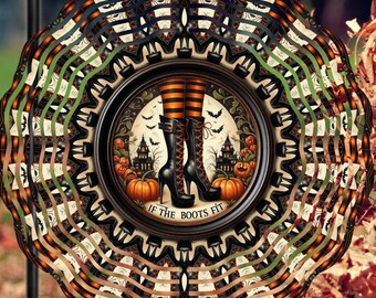 Halloween Wind Spinner w Crystal Icicle Prism, Two Sided Outdoor If The Boots Fit, Patio Hanging Yard Art,  Garden Porch Gift Her Him