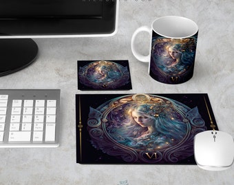 Zodiac Fantasy Style Desk Set, Celestial Mousepad Coaster Work Station Accessory, Office Computer Table Decor, Stain Resistant Neoprene