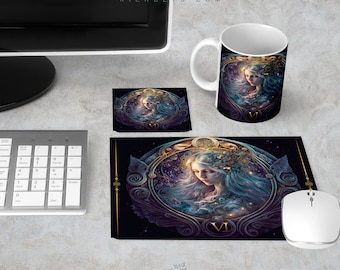 Zodiac Fantasy Style Desk Set, Celestial Mousepad Coaster Work Station Accessory, Office Computer Table Decor, Stain Resistant Neoprene