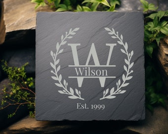 Slate Coaster Engraved Laurel Wreath Monogram Wedding, Housewarming, New Place, Home Decor Gift