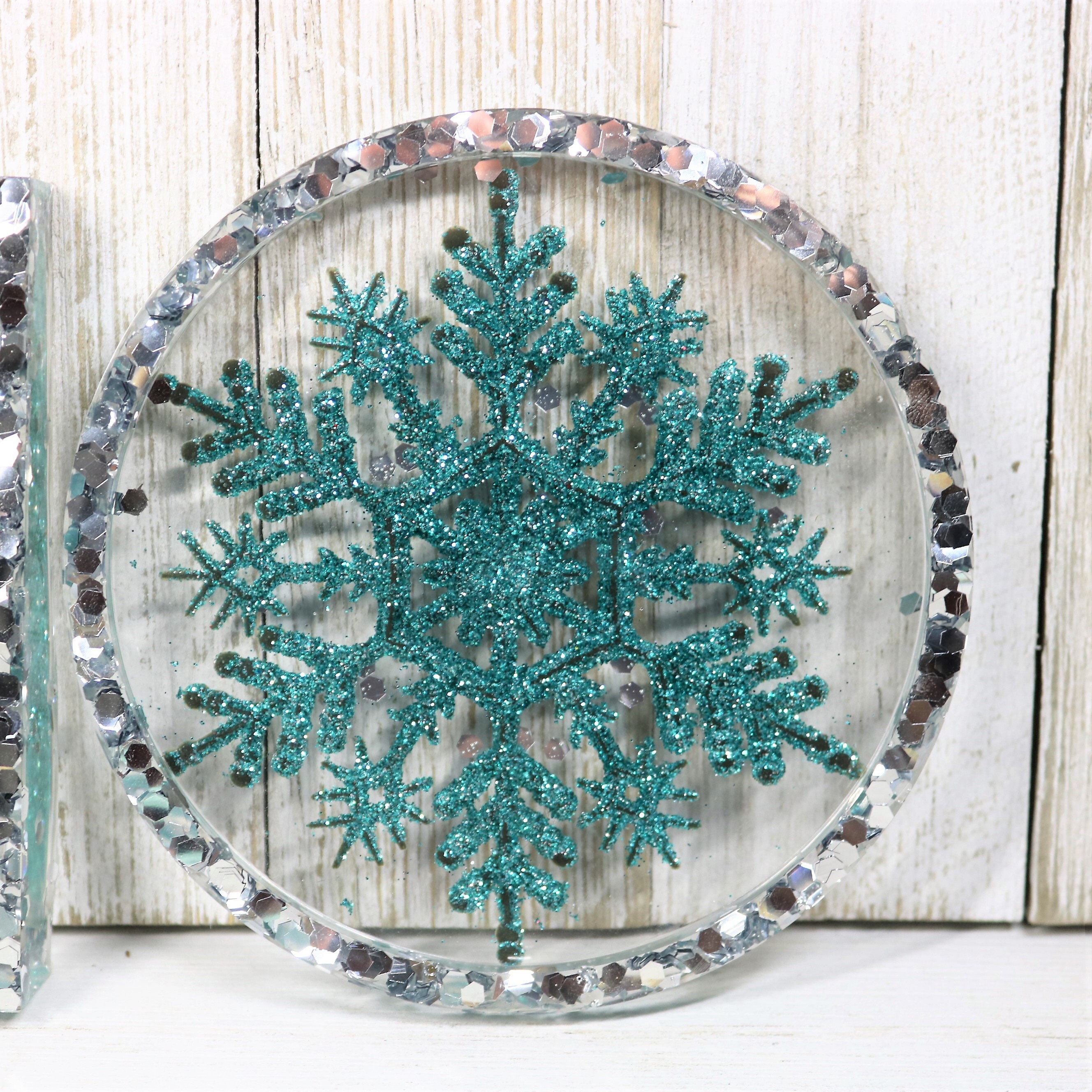 Resin Holiday Coaster Blue Snowflake Silver Glitter Trinket Etsy