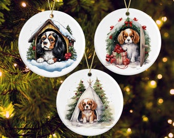 Cavalier King Charles Spaniel Outdoors Ceramic Christmas Ornaments, Cute Winter Dog Tree Decor, CKCS Holiday Decoration, Gift for Her or Him