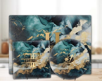 Teal Blue Gold Marble Personalized Tempered Glass Cutting Board,  Chopping Tray, Serving Placemat, Charcuterie Board, All Occasion Gift