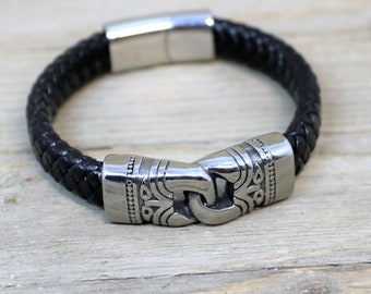 Braided Leather and Polished Steel Tribal Link Magnetic Hook Closure Bracelet, Unique Men's Jewelry, Boyfriend Bracelet,  Gift for Him