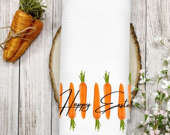 Happy Easter Carrots Kitchen Towel Farmhouse Decor, Bright Colored Carrots Waffle Weave Spring Holiday Dish Towels,