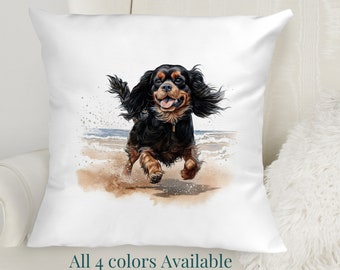 Cavalier King Charles Spaniels Running on the Beach, All 4 CKCS Blenheim, Ruby, Tri, Black and Tan, Decorative Throw Pillow, Dog Lover Gift
