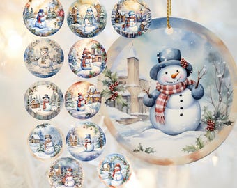 Watercolor Vintage Snowman Double Sided Ornaments w Winter Background, Cute Snowmen in Various Snowy Settings, Holiday Christmas Tree Decor