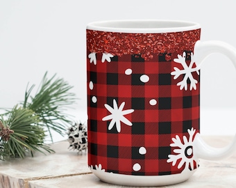Snowflake and Red Check Buffalo Plaid Mug, Seasonal Winter Ceramic Christmas Holiday  Themed Coffee, Tea, Hot Chocolate, Eggnog Drinkware