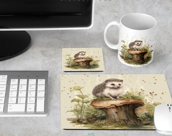 Woodland Hedgehog Personalized Desk Set, Monogram Mouse Pad Coaster Mug Workstation Computer Accessory,  Home Office Decor, Forest Animal