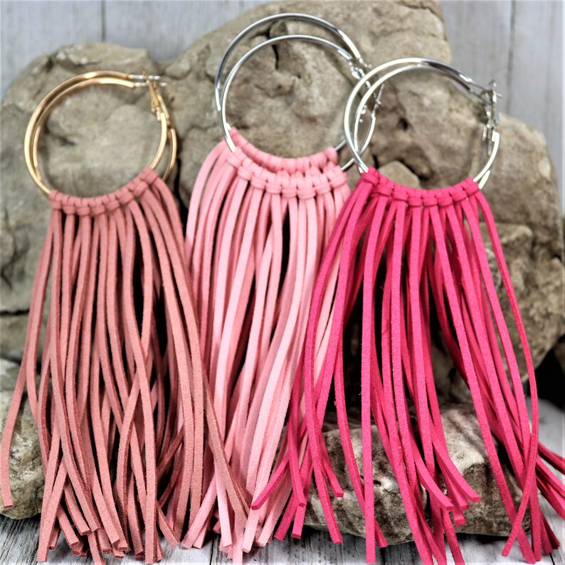 Suede Fringe Earring Leather Fringe Hoop Earring Wide Hoop Etsy