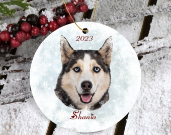 Custom Dog Photo Ceramic Ornament of Your Pet Surrounded by Snowflakes, Personalized Keepsake Portait of Dog, Cat, Bird, Reptile, Horse
