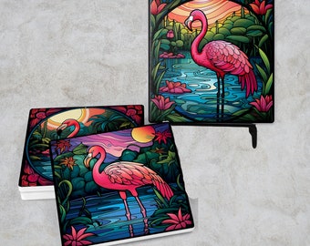 Flamingo Stained Glass Coasters, Square  Ceramic or Neoprene Rubber Home Decor Gift with Cork Bottom