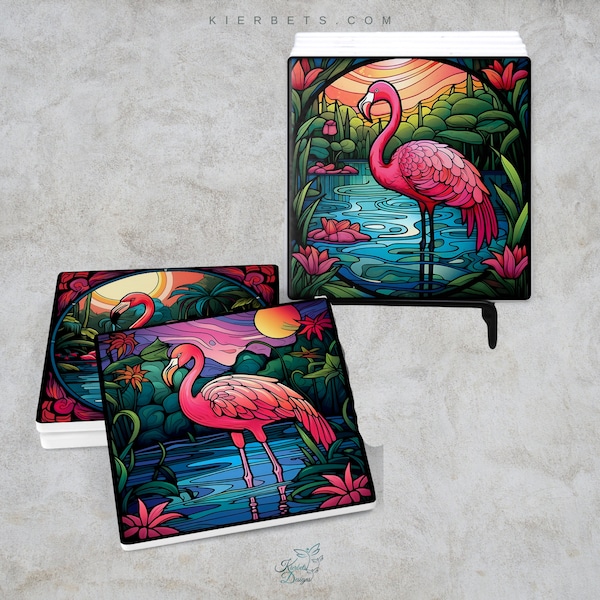 Flamingo Stained Glass Coasters, Square  Ceramic or Neoprene Rubber Home Decor Gift with Cork Bottom