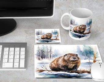 Beaver in Snow Desk Set, Animal Mousepad  and Coaster Work Station Accessory, Office Computer Table Decor, Stain Resistant Neoprene Rubber