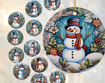 Painted Snowman Inked Ornaments Surrounded by a Winter Background, Cute Snowmen in Various Winter Settings, Holiday Christmas Tree Decor