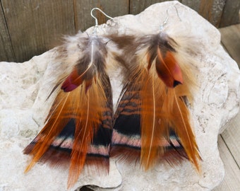 Natural Wild Turkey and Pheasant Feather Earrings, Brown Copper Boho Chic Style, Unique Natural Jewelry, Colorful Gypsy Festival Accessories