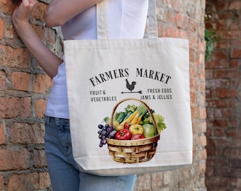 Farmers Market Veggie Basket 100% All Cotton Personalized Shopping Tote Bag, Strong and Durable Support Local Farmers Washable Carry All