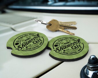 St Patrick's Day Green Plaid with Irish Sayings Neoprene Car Coaster Sets, Celtic RubberHoliday Travel Accessory for Vehicle, Car, RV,  Boat