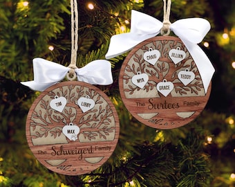 Family Christmas Ornament, Personalized Heart Family Member Names, Tree of Life Couples Christmas Tree Hanger, Custom Wood Gift