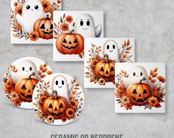 Halloween Coaster, Cute Ghost Fall Decor, Ceramic or Neoprene Rubber Seasonal Spooky Home Furniture Protection