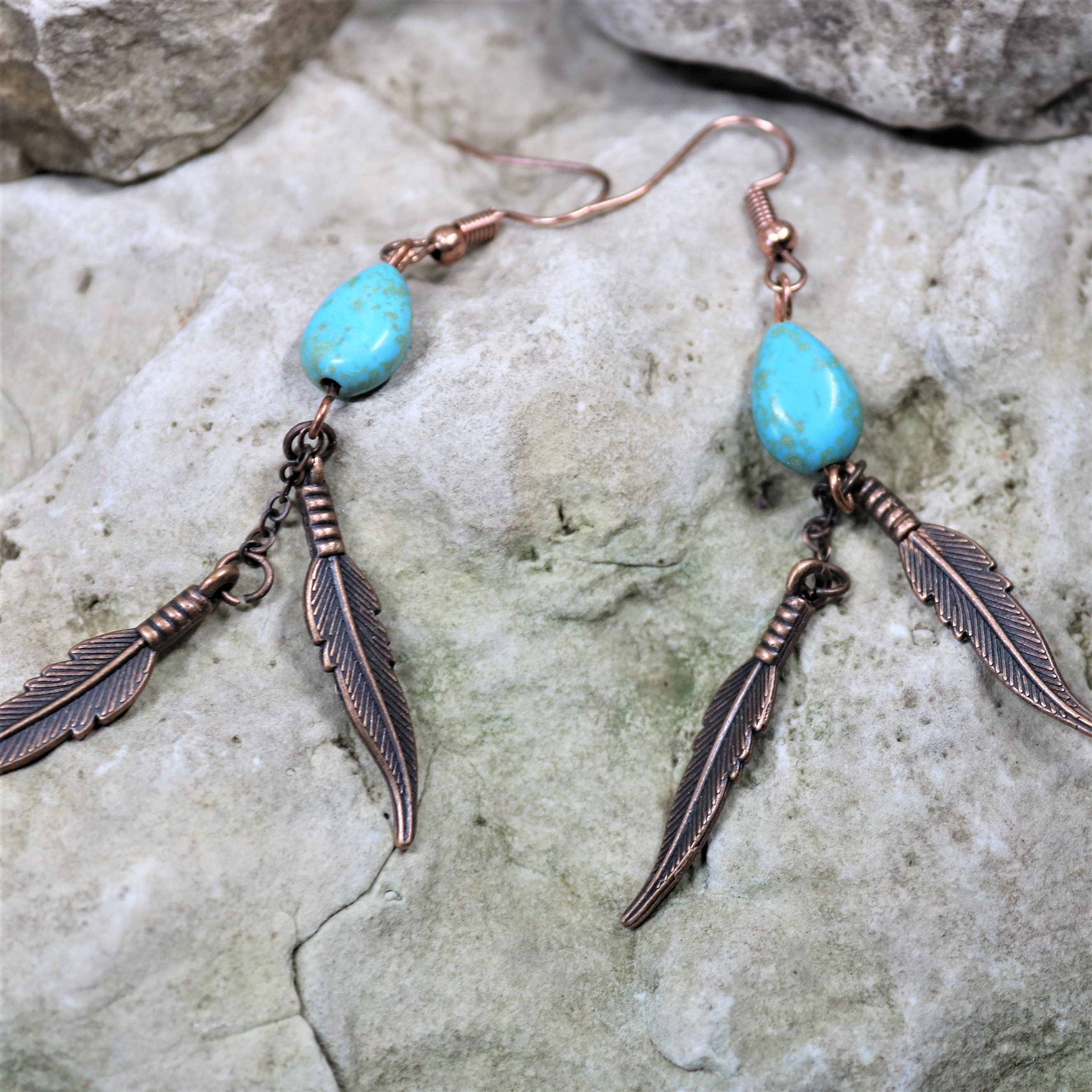 Turquoise Copper Feather Earrings. Southwest Copper, Turquoise Teardrop