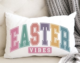 Easter Vibes Lumbar Pillow Cover, Easter Spring Pastel Accent Pillow, Farmhouse Cottage Style Pink Blue Home Throw Cushion Cover