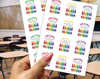 Crayon Welcome Back, I'm so happy you're in my class Personalized Teacher Gift labels Back to School Round Matt Waterproof Stickers