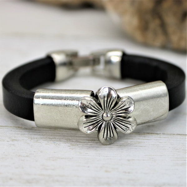 Pulsera de acero inoxidable de cuero de regaliz flor de plata, joyería de cuero de color verde azulado o oro perlada, cuero de dama, regalo para ella