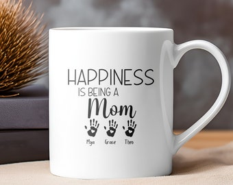 Happiness is Being a Grandma, Grandpa, Mom, Dad, Uncle, Aunt, Dog Mom, etc, with Handprints or Paw Prints Mug,  Family Keepsake Ceramic Gift