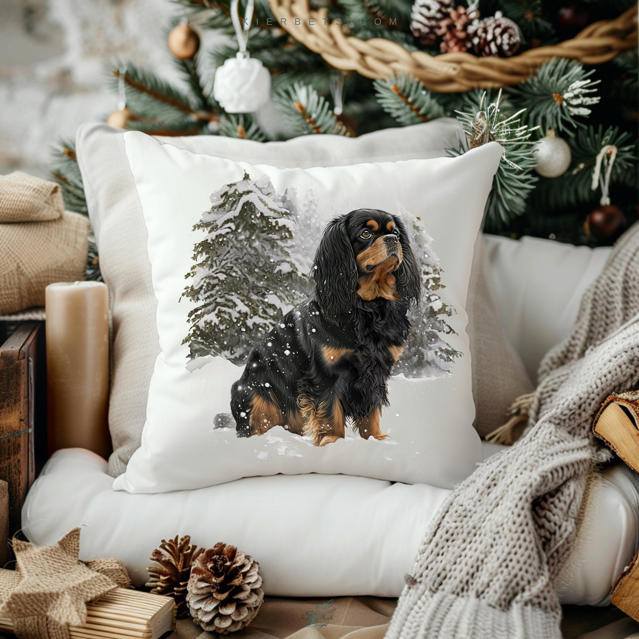 Cavalier King Charles Spaniels in Winter All 4 CKCS Blenheim Ruby Tri Black and Tan available Decorative Throw Pillow Dog Lover Gift