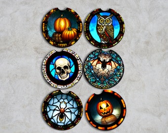Halloween Car Coasters, Stained Glass Ceramic Sandstone or Neoprene Rubber Car Accessories, Pumpkin, Spider, Bat, Skull, Owl, Jackolantern