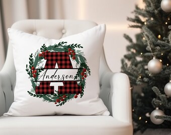 Buffalo Black and Red Check Plaid Personalized Pillow Cover with Holly Berry Wreath, Decorative Throw Pillow, Holiday Seasonal Home Decor
