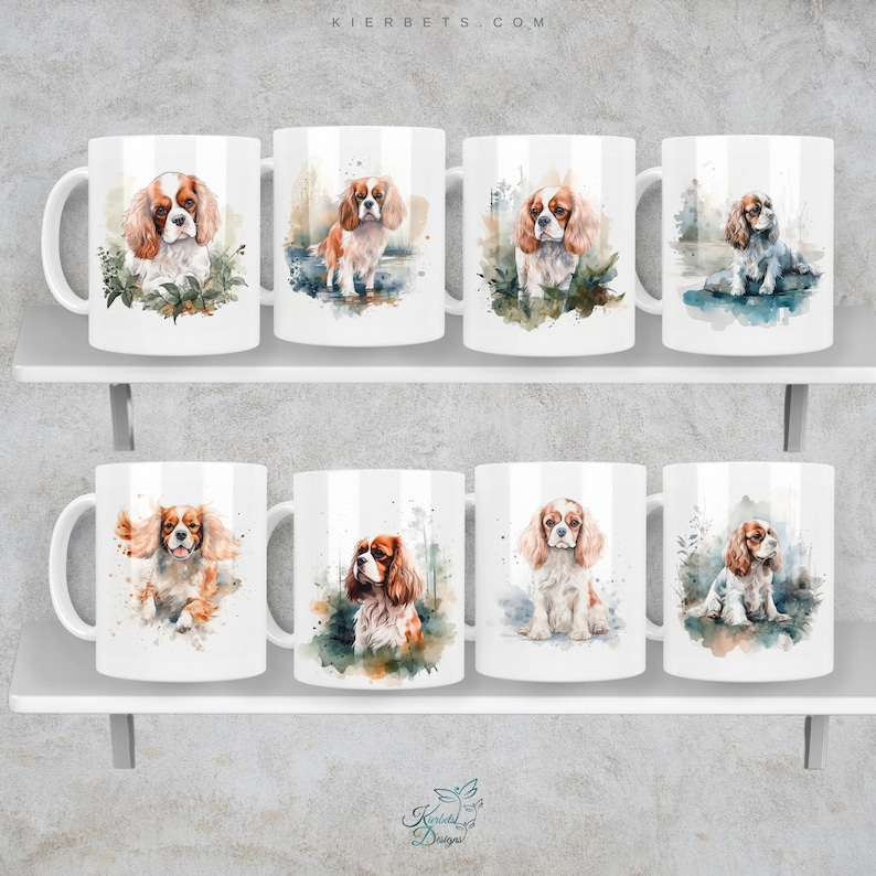 May include: Set of eight white ceramic mugs with watercolor illustrations of Cavalier King Charles Spaniels in various poses. Each mug features a different design with a watercolor background.