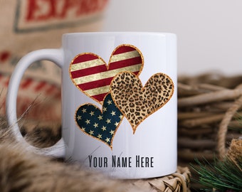 Personalized America Heart Coffee Mugs, Patriotic Stars Stripes and Leopard Print Tea Mugs, Dishwasher and Microwave Safe
