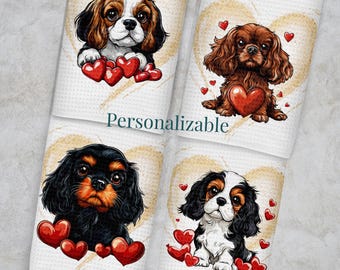 Cavalier King Charles Spaniel Love Hearts Valentine Kitchen Towel sets, All 4 Colors Waffle Weave Cloths, Blenheim Tri Black & Tan and Ruby
