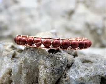 Red Jasper Sterling Silver Wire Wrap Bracelet, Copper Wrapped Healing Stone Accessory Unique Handmade Unisex Jewelry Gift for Him or Her