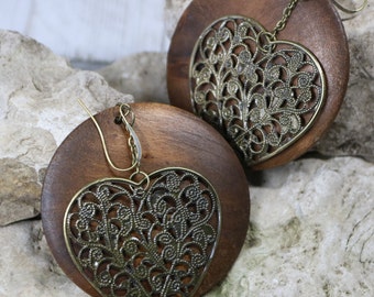 Brown Wood Circle Earring, Bronze Heart Earring, Round Ethnic Earrings, Large Circle Earrings, Rasta Style Earring, Gift for Her