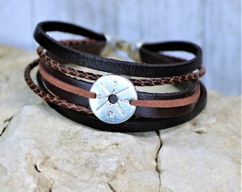 Layered Leather Silver Compass Bracelet with Hook Clasp Closure, Guiding Compass Multiple Strand Rustic Jewelry, Gift for him, Gift for Her