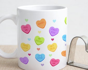 Conversation Hearts Ceramic Mug, Colorful Love You, Be Mine, Marry Me, Miss You, Kiss Me, Cutie Pie, Valentine Day Gift