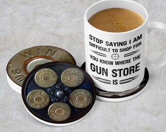 Bullet Ceramic or Neoprene Round Coasters, Cork Backed Furniture Protector, Single or Sets, Winchester, Luger, Shooter Gift