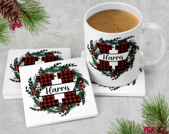 Plaid Monogram Holiday Coasters, Round or Square Pine and Holly Berry Wreath in Ceramic or Neoprene Rubber Home Decor Gift