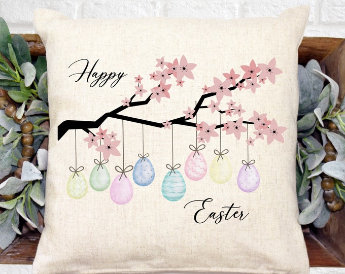 Featured listing image: Easter Eggs Hanging from Cherry Blossom Branch Pillow Cover, Spring Watercolor Accent Pillow, Farmhouse Cottage Style Home Throw Cushion