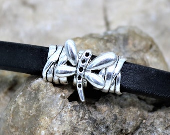 Licorice Brown or Black Leather with Silver Dragonfly and Ribbon Bracelet, Unique Ladies Butterfly Leather Jewelry Accessory, Gift for Her